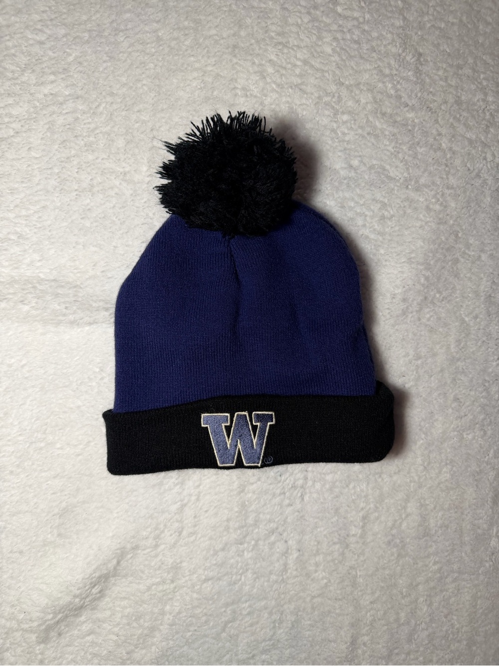 University 'W' Pom Beanie in Purple and Black